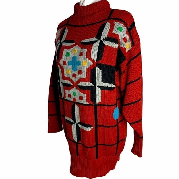 Vintage Cable Knit Turtleneck Sweater M Red Geometric Pullover Oversized - Picture 3 of 6